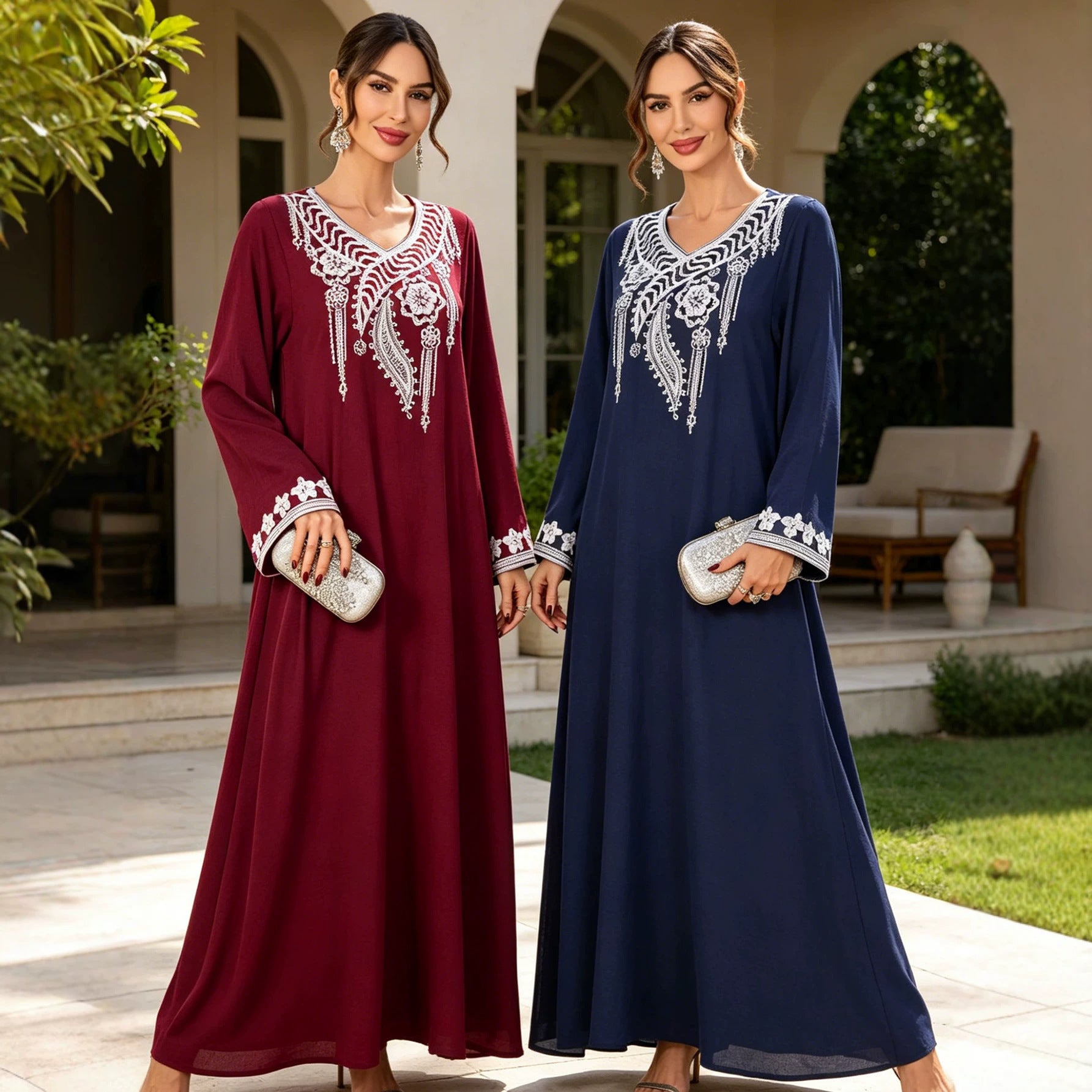 V-Neck Embroidered Kimono Abaya Maxi Dress Muslim Women Modest Long Jalabiya Kaftan Gown for Eid Ramadan Daily