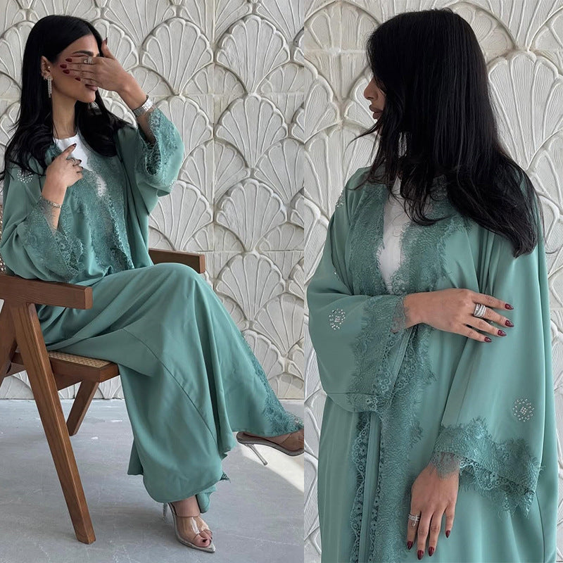 Light Green Lace Patchwork Long Open Abaya - Plus Size Modest Maxi Cardigan