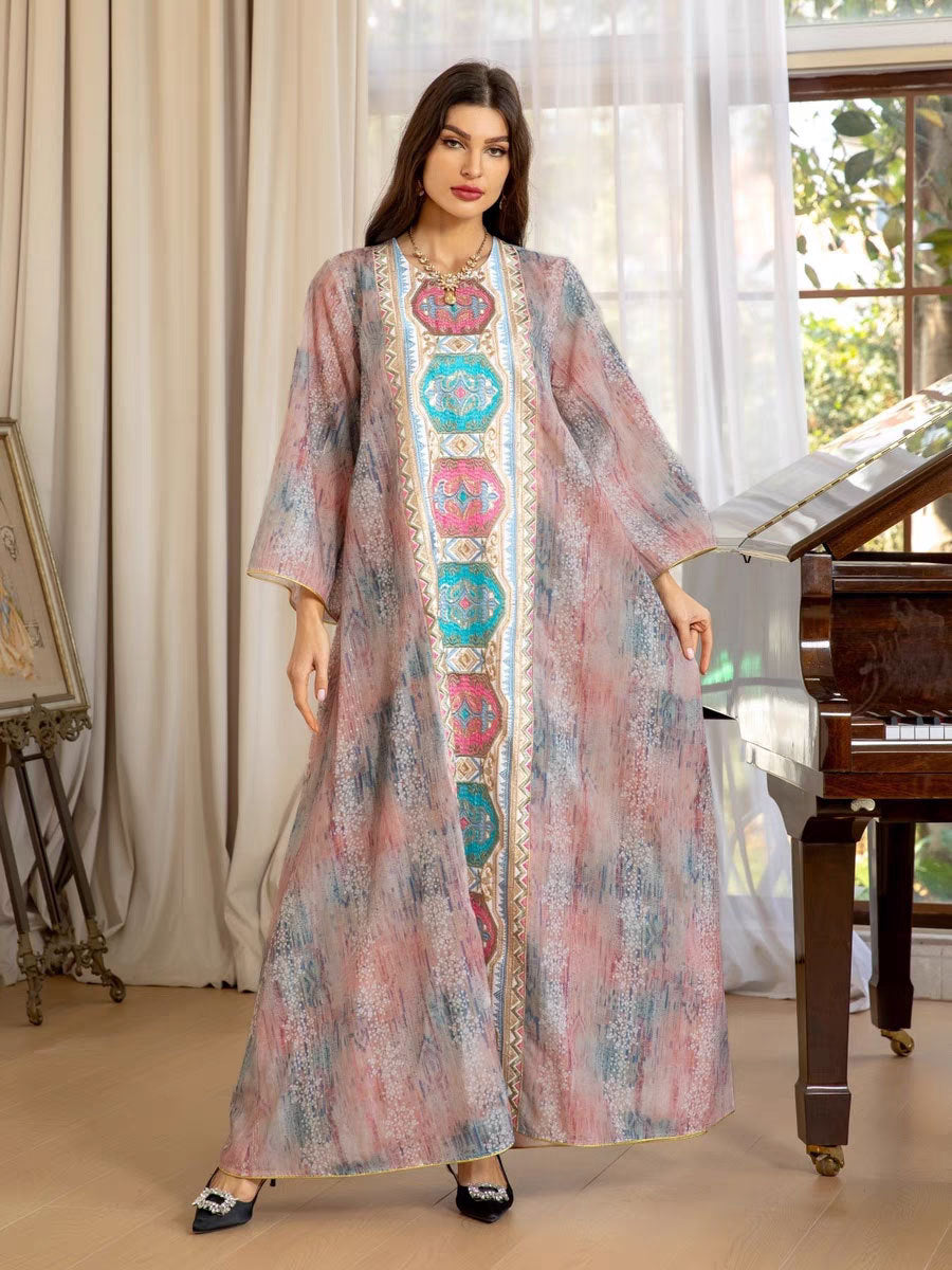 Pink Sequin Embroidered Gown Cover-up Long Maxi Dress Modest Muslim Jalabiya Robe for Women Eid Ramadan