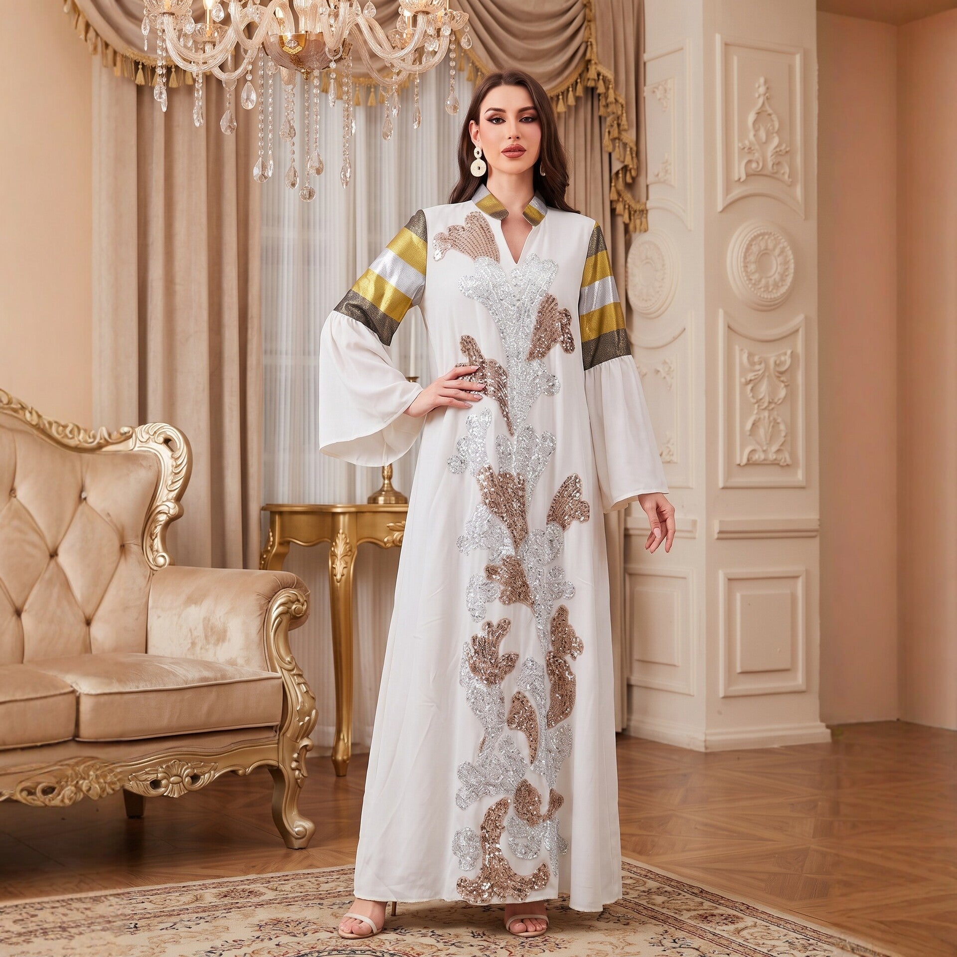 Black White V-Neck Embroidered Ethnic Rhinestone Modest Maxi Abaya