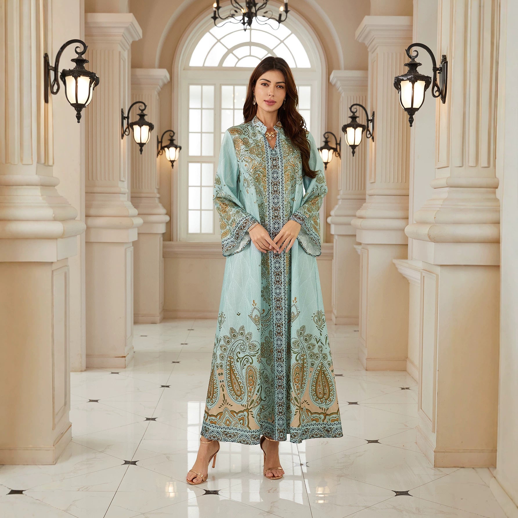 Light Cyan Paisley Print Stand Split V Neck Abaya Full Long Flare Sleeve Loose Modest Muslim Women Kaftan Dress For Ramadan Wedding Eid Party