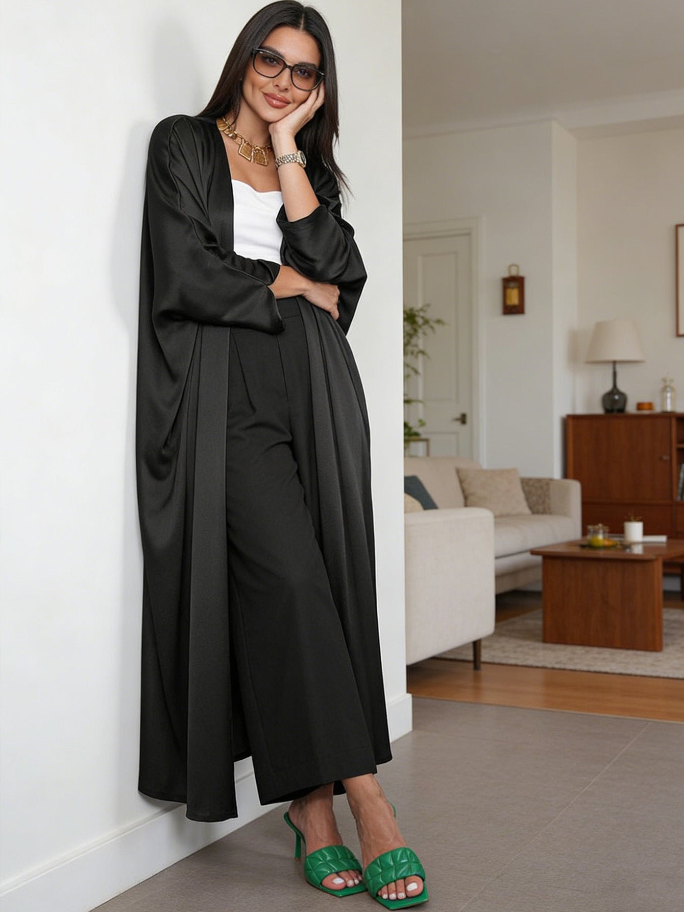 Silky Satin Batwing Sleeve Open Abaya Cardigan Modest Long Maxi Kimono Robe for Muslim Women Eid Ramadan Party One Size
