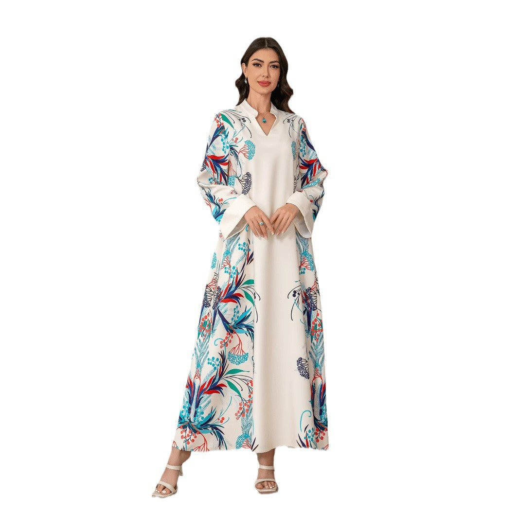 Refined Apricot Floral Print Kaftan – Bohemian Muslim Maxi Dress