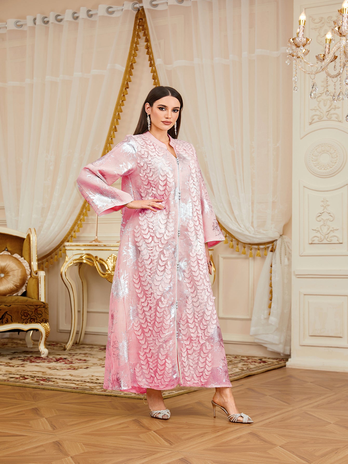 Luxury Embroidered Leaf Applique Mesh Gown Jalabiya Modest Long Maxi Evening Dress for Muslim Women Eid Ramadan S-XXL