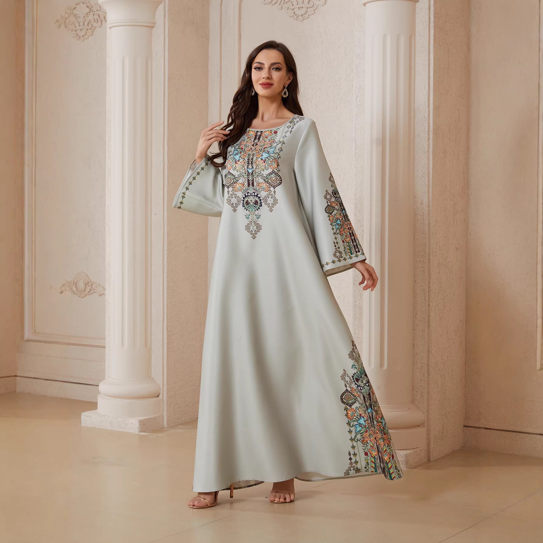 Pastel Light Grey Matte Crepe Long Kaftan Robe For Ladies Round Neck Long Sleeve With Symmetric Multi-Color Floral Embroidery Full Length Formal Modest Outfit