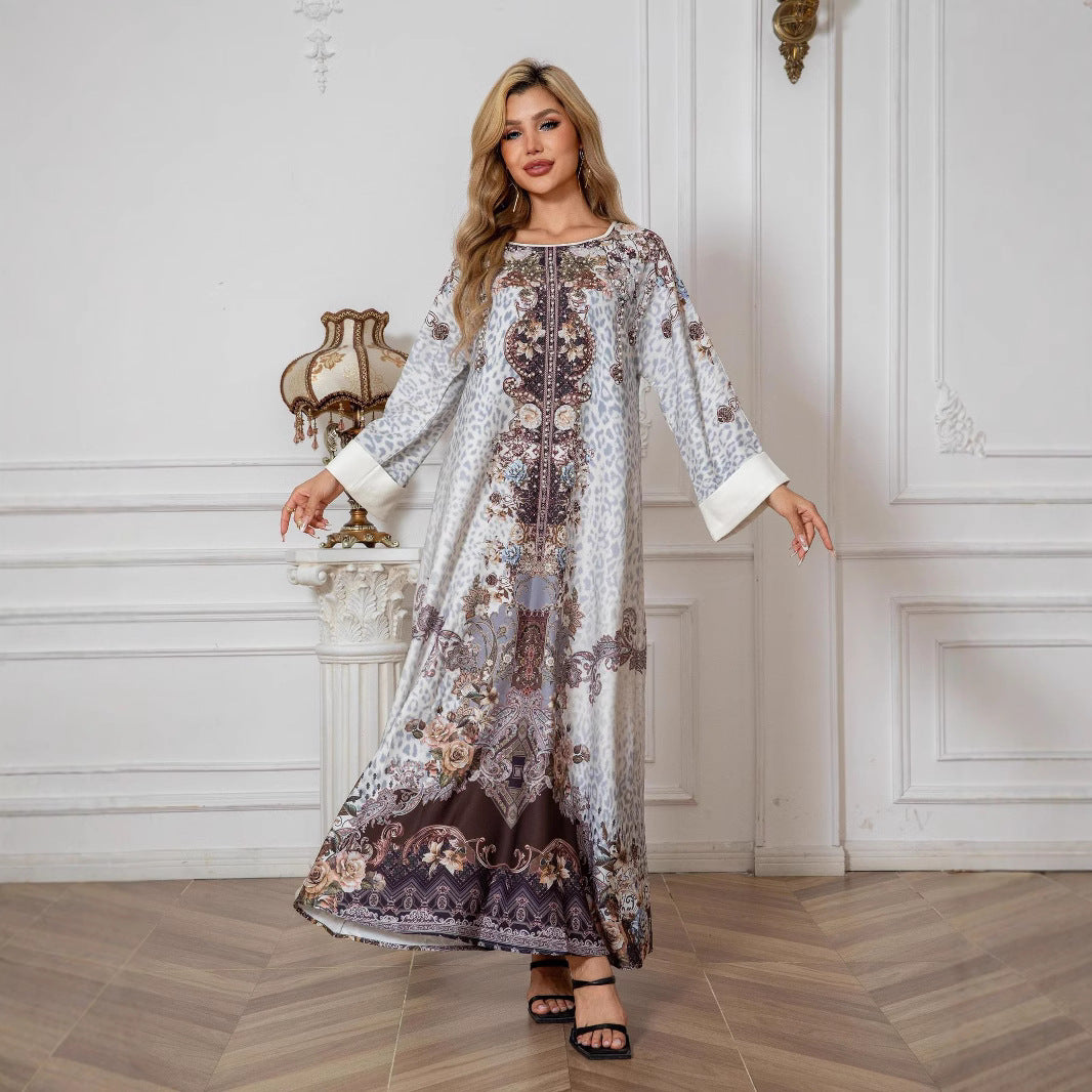 Grey Floral Print Mandarin Collar Rhinestone Plus Size Maxi Abaya Dress