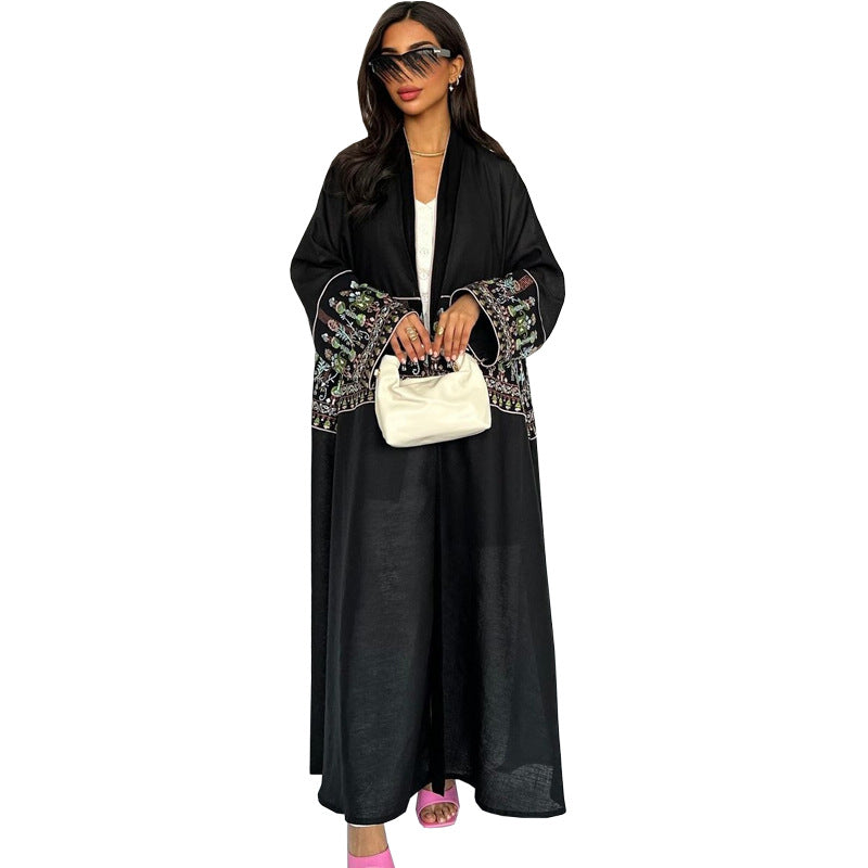 Black Embroidered Kimono Cardigan - Maxi Long Cardigan Dress for Women