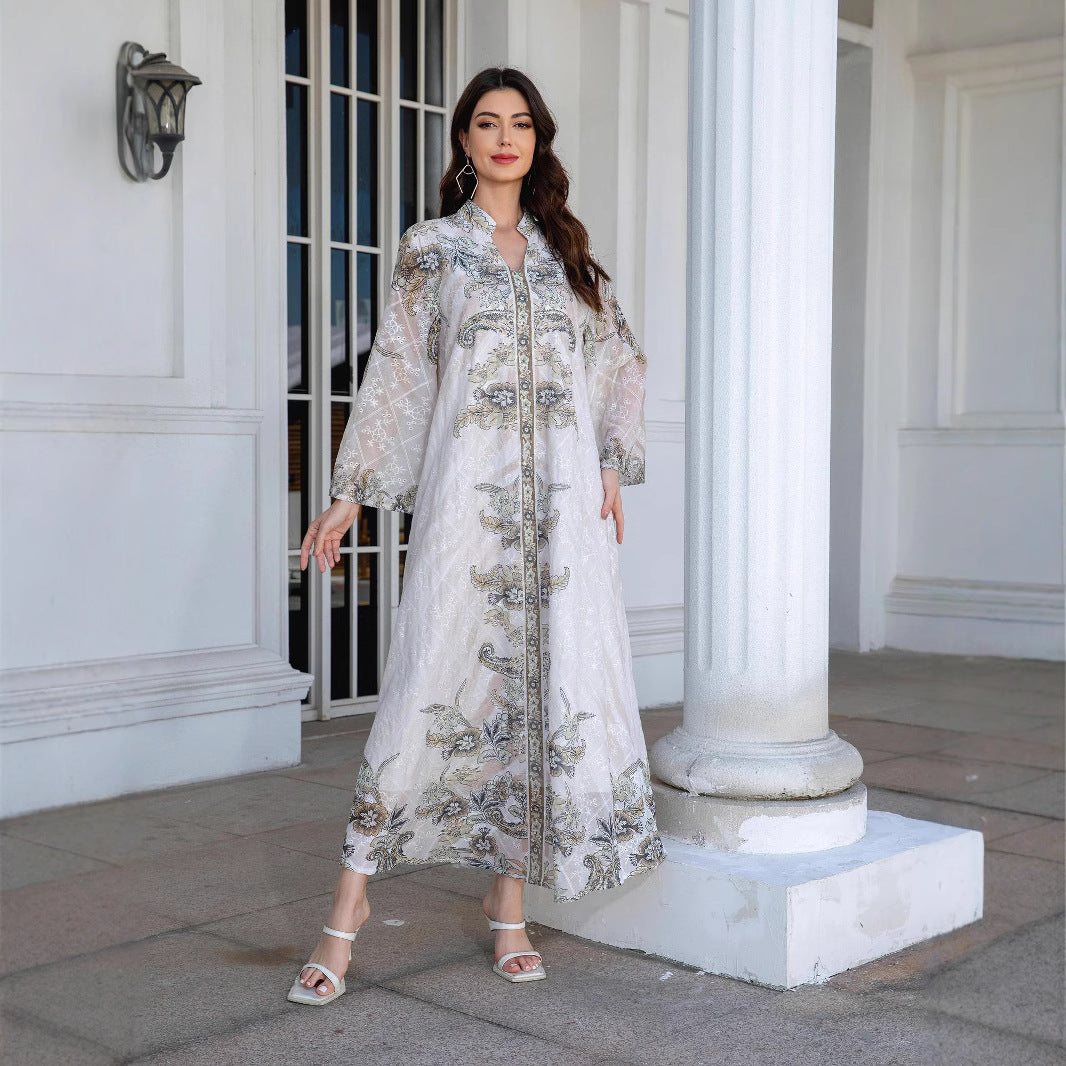 Light Grey Mandarin Collar Abaya - Printed Rhinestone Modest Robe