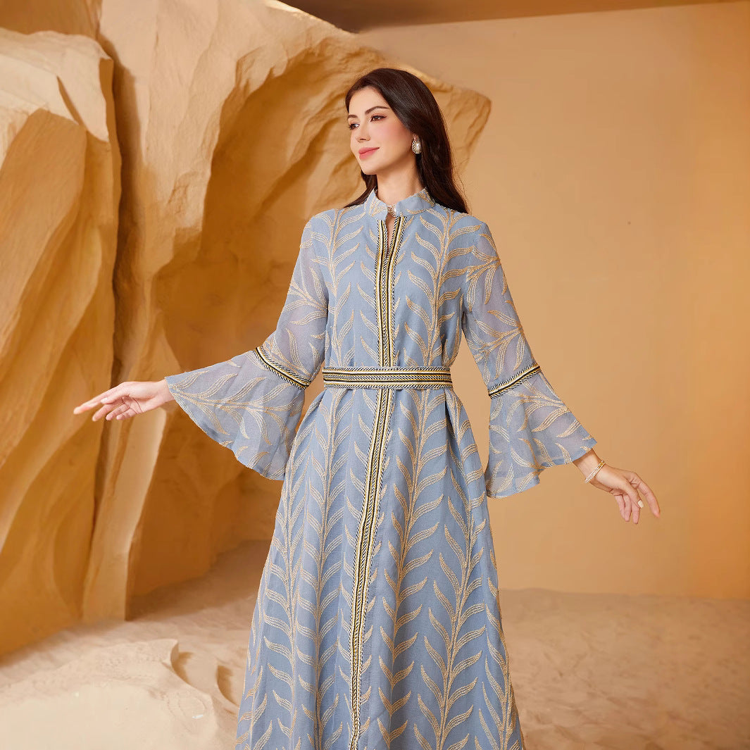 Saudi Muslim Women Premium Sheer Moroccan Kaftan Dusty Blue Golden Palm Leaf Embroidery Mandarin Collar Zip Closure Matching Waist Belt Oversize Flare Sleeve Loose Maxi Formal Outfit For All Gulf Ladies Eid Celebration Wedding Reception