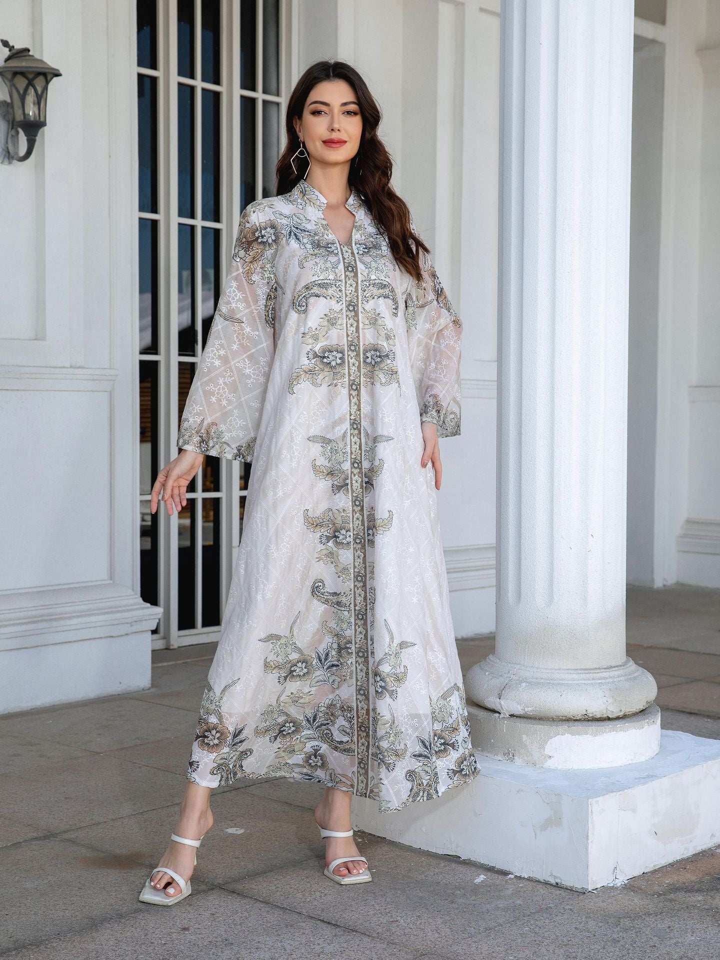 Light Grey Mandarin Collar Abaya - Printed Rhinestone Modest Robe