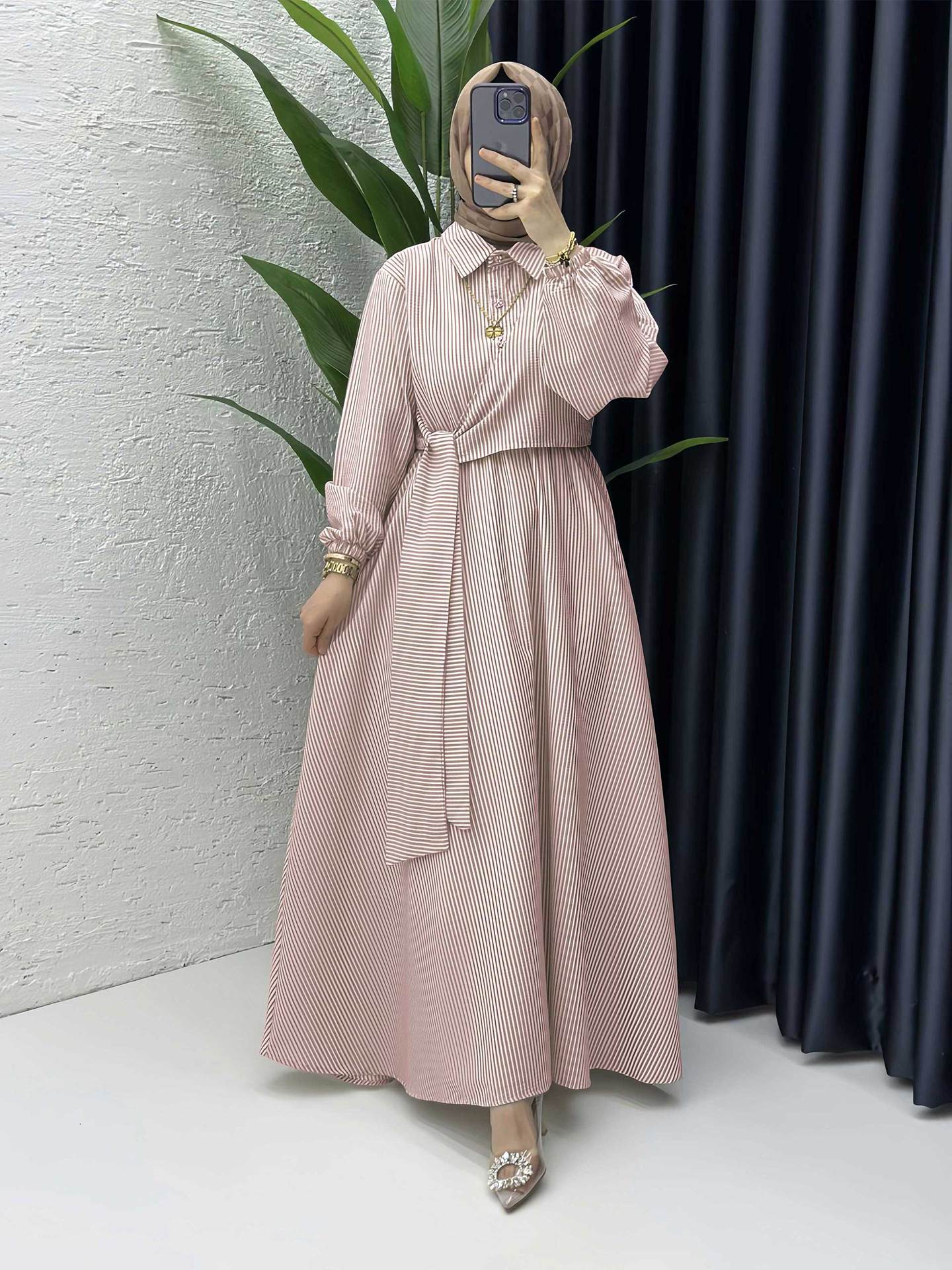 Striped Belted Button-Down Shirt Collar Faux Two-Piece Modest Maxi Dress Muslim Women Abaya Jalabiya Kaftan for Eid