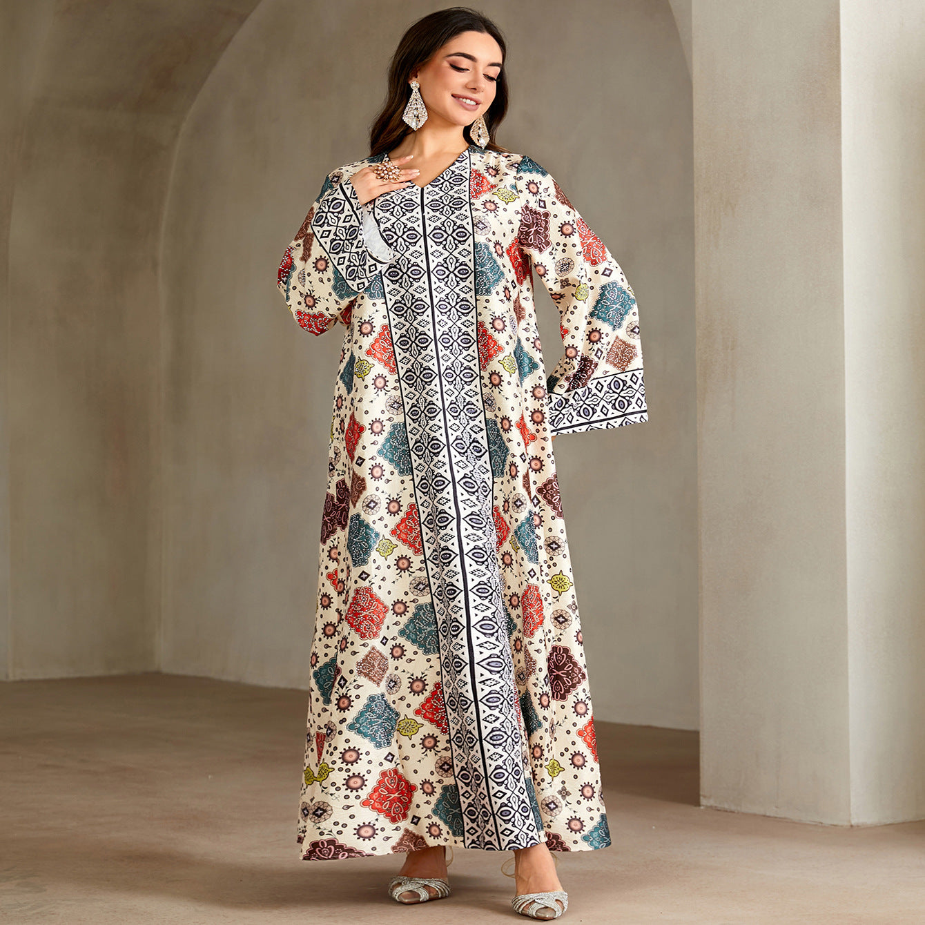 Ethnic Geometric Print Rhinestone Embellished Gown Jalabiya Modest Straight Maxi Dress for Muslim Women Eid Ramadan S-XXL