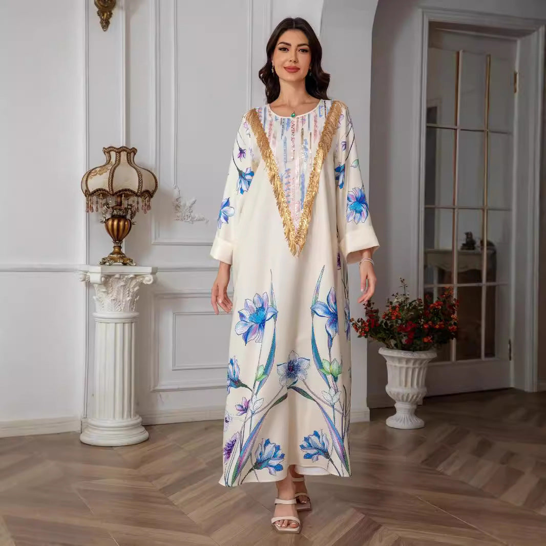 Ivory Printed Evening Abaya - Modest Party Dress Long Robe