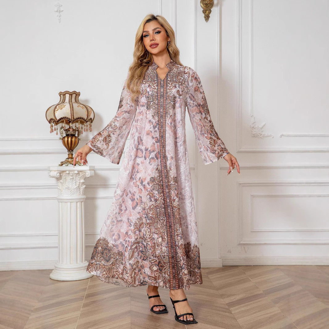 Radiant Pink Beaded Rhinestone Kaftan Abaya Maxi Dress Eid Ramadan