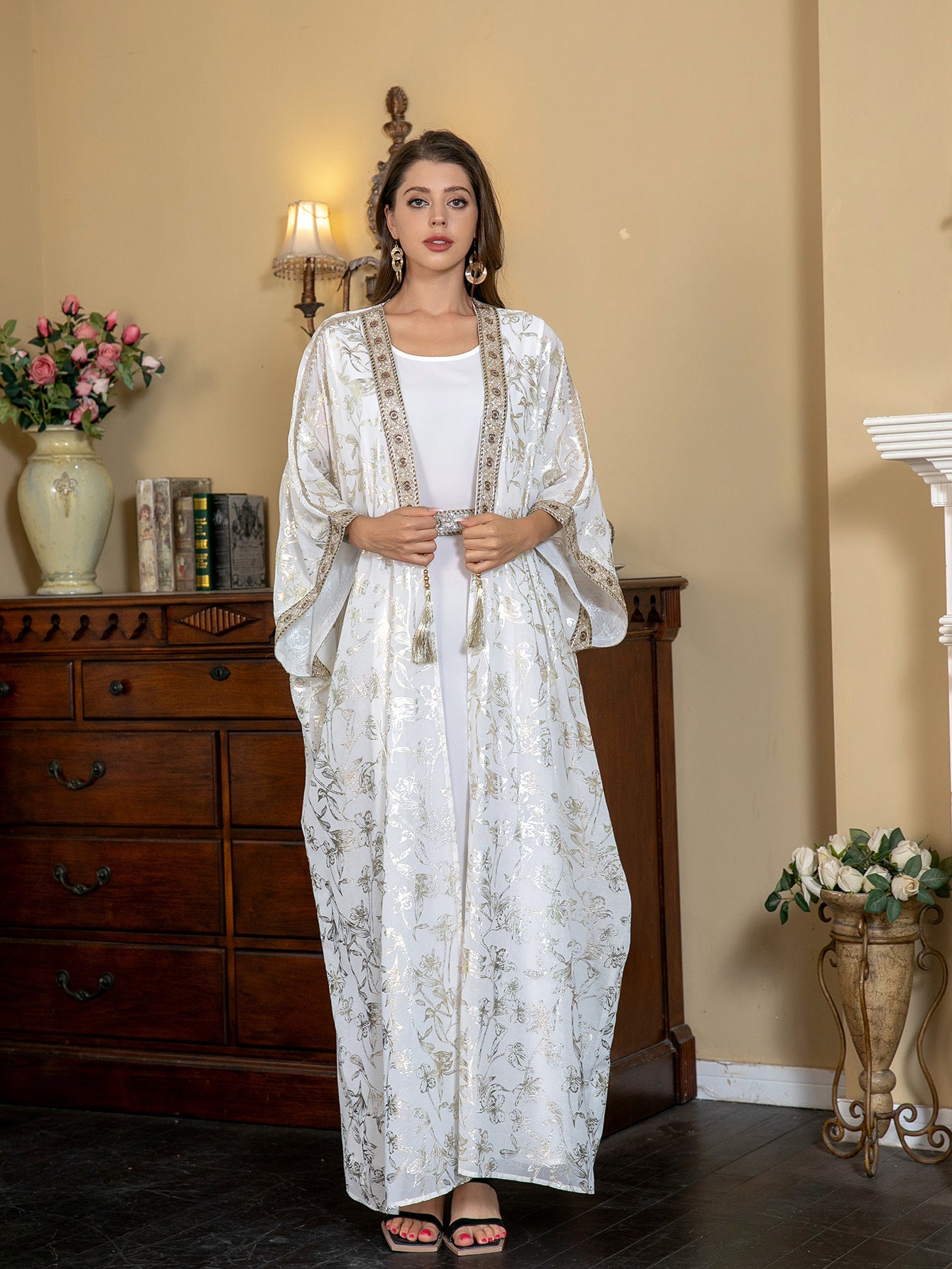 Ivory White Gold Foil Floral Premium Pan-Arab Craft Open Front Modest Two Piece Outfit Glossy Satin Jacquard Single Layer Outer Kaftan Solid White Slip Maxi Dress All Over Delicate Metallic Gold Silver Botanical Jacquard Print Wide Batwing Kimono Fla