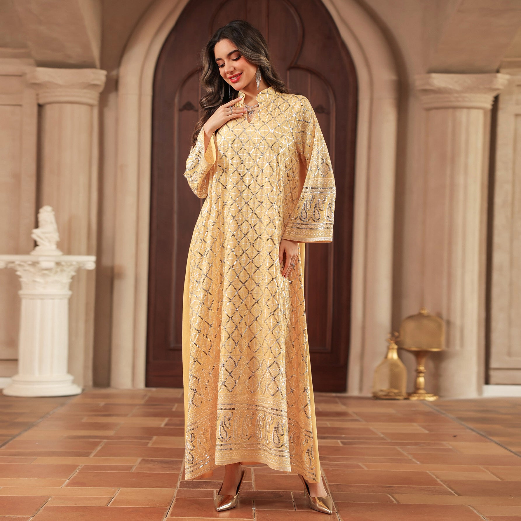 3 Colors Sequin Diamond Embroidery Abaya Women Stand Collar V Notch Flare Sleeve Maxi Kaftan Luxury Modest Long Dress For Eid Ramadan Wedding Party