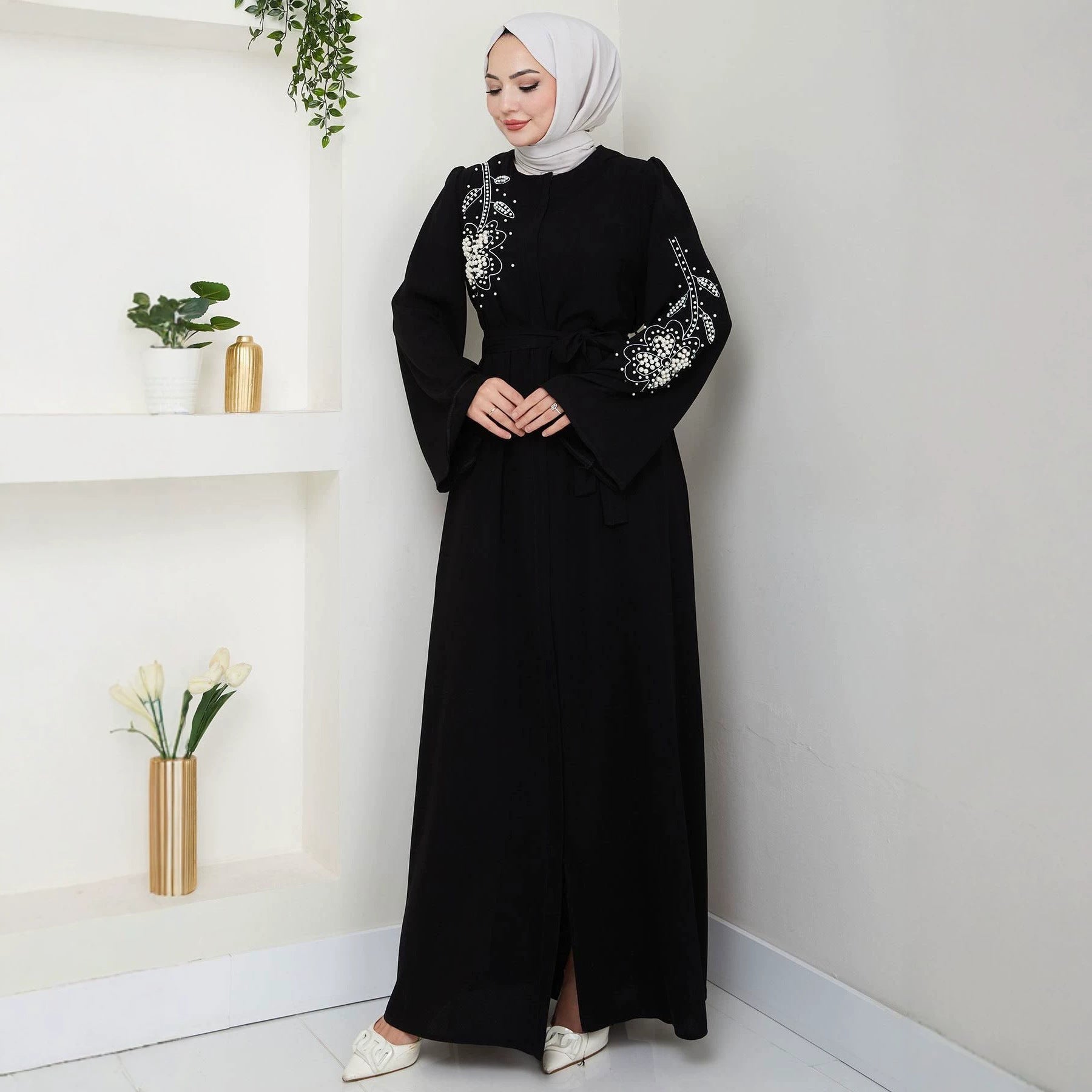 Black Zippered Embroidered Open Outerwear Maxi Abaya Dress Jalabiya Modest Long Dress for Eid Ramadan Evening Party Gown S-XXL