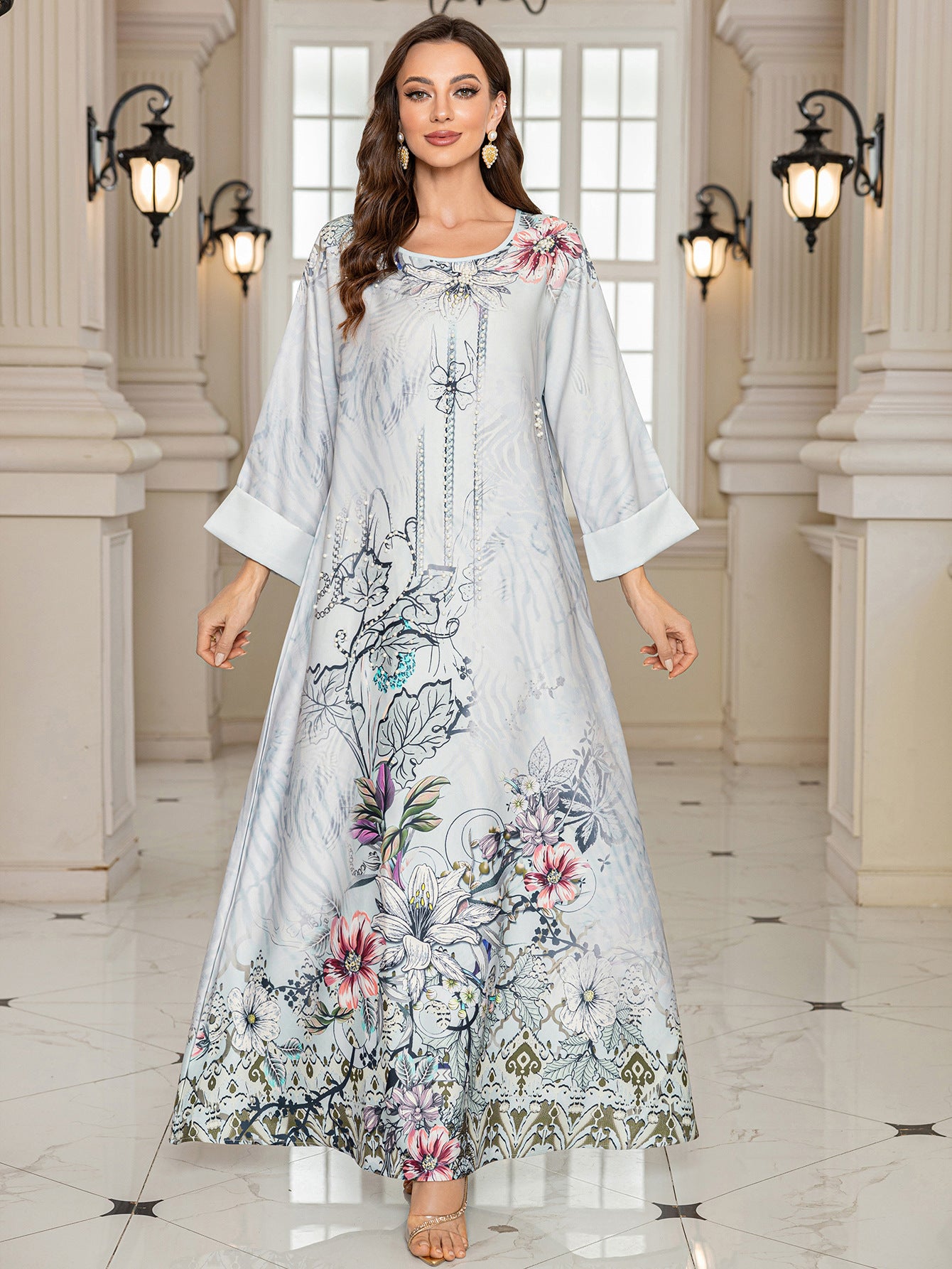 Grey Rhinestone Beaded Inlaid Diamond Maxi Abaya Long Dress