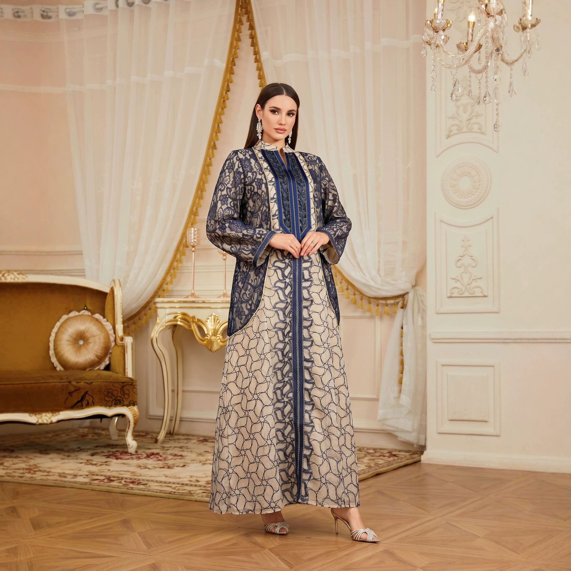 Contrast Lace Trim Sequin Embroidered Gown Jalabiya Modest Long Maxi Evening Dress for Muslim Women Eid Ramadan S-XXL
