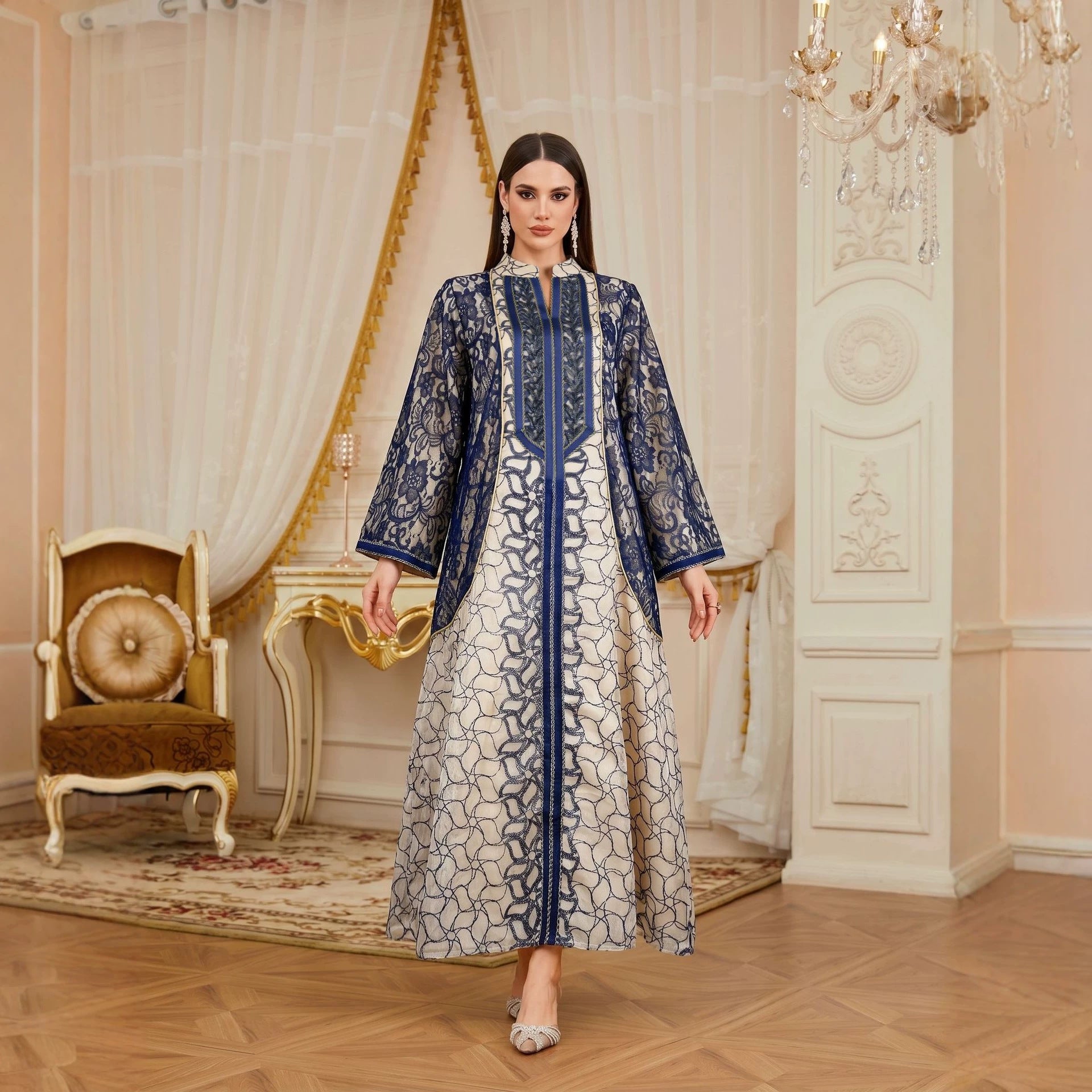 Contrast Lace Trim Sequin Embroidered Gown Jalabiya Modest Long Maxi Evening Dress for Muslim Women Eid Ramadan S-XXL