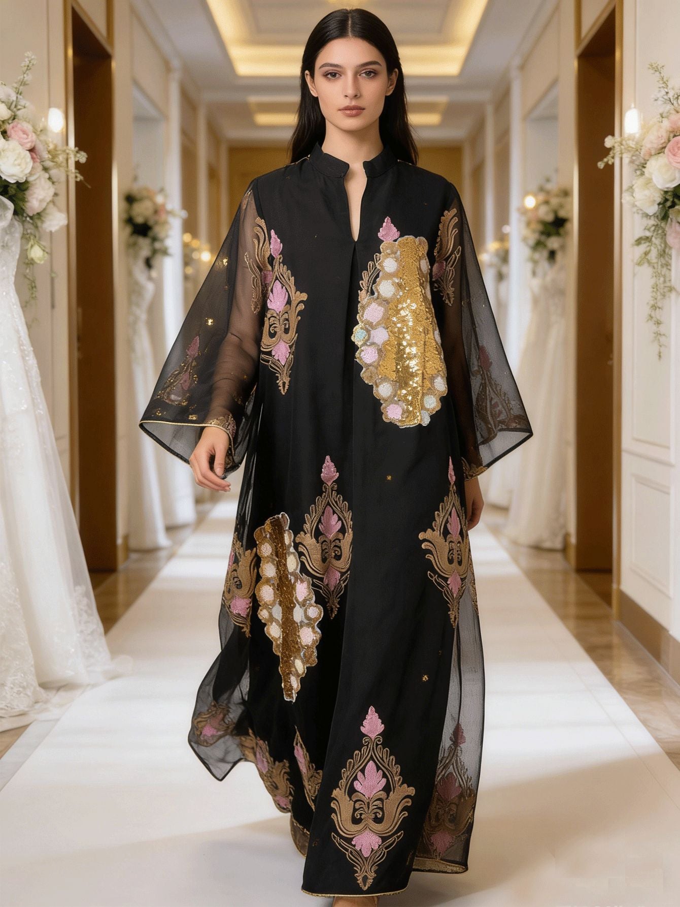 Sequin Leaf Embroidered Cardigan Abaya Dress Open Front Long Robe Modest Maxi Dress for Muslim Women Eid Ramadan S-XXL