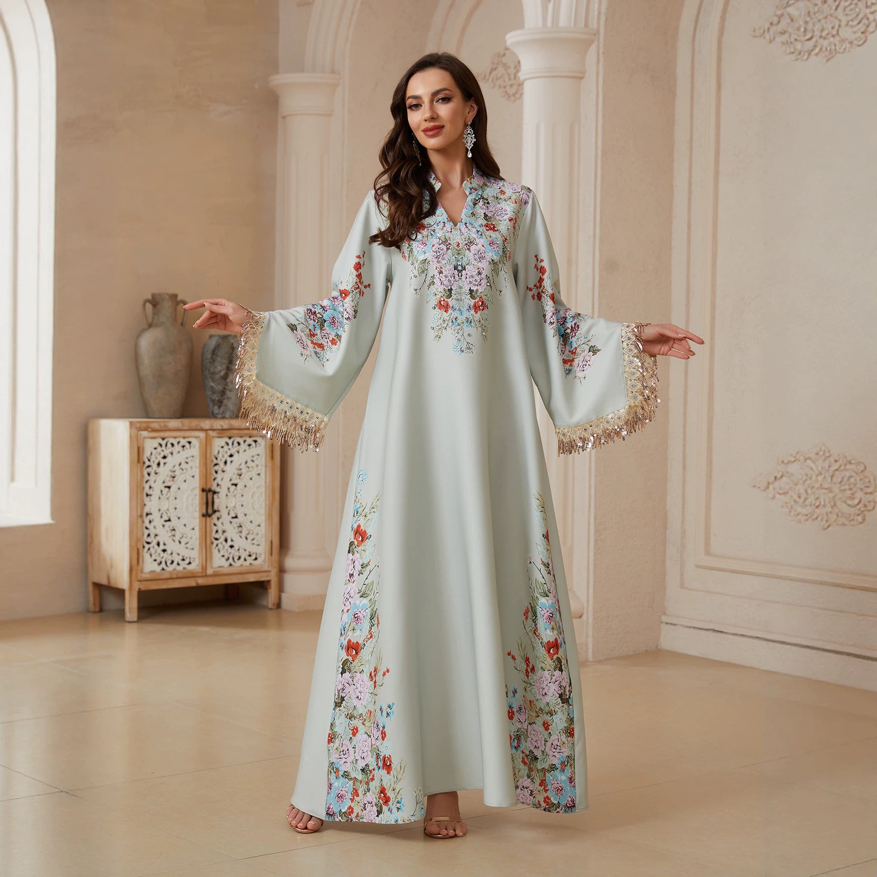 Women Stand Collar V Notch Floral Print Abaya Gold Metallic Tassel Flare Sleeve Maxi Jalabiya Pastel Satin Loose Modest Gown For Eid Mubarak Ramadan Wedding Party