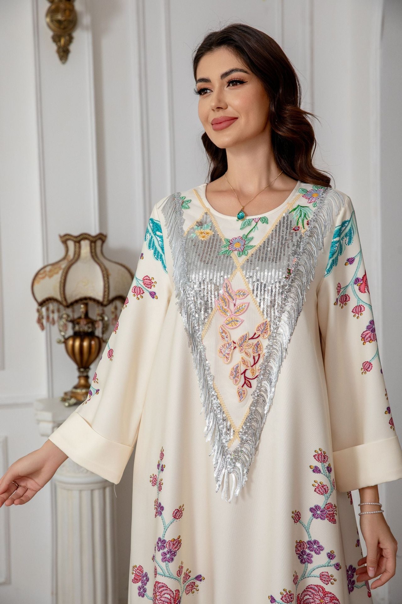 Ivory Floral Print Pullover Abaya - All-Over Stretch Modest Maxi Dress