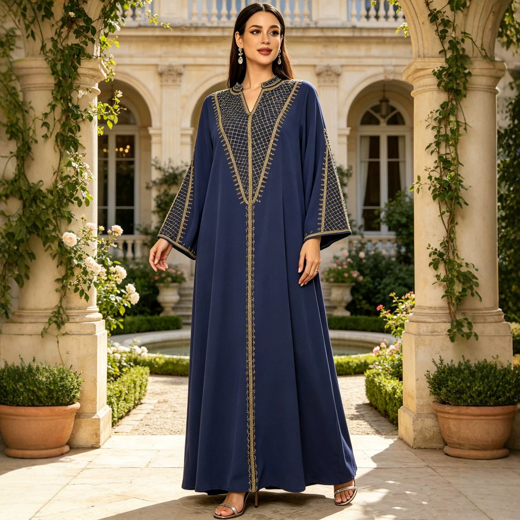 Sea Blue and Navy Heavy Gold Thread Embroidered Maxi Dress