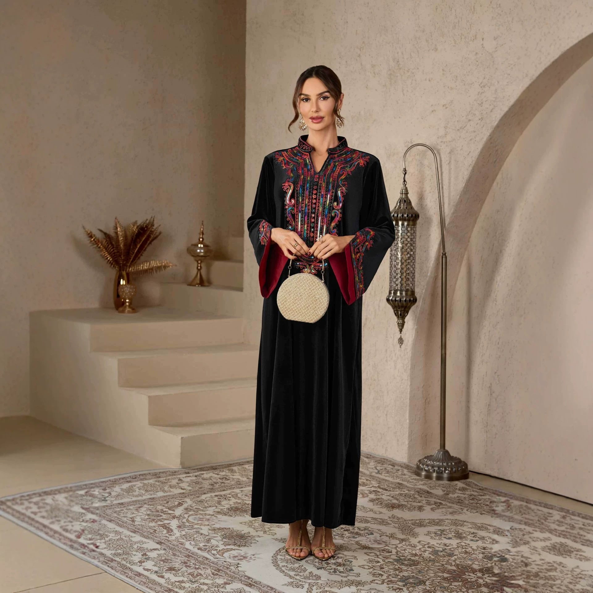 Navy and Black Ethnic Rhinestone Applique Embroidered Maxi Abaya Dress