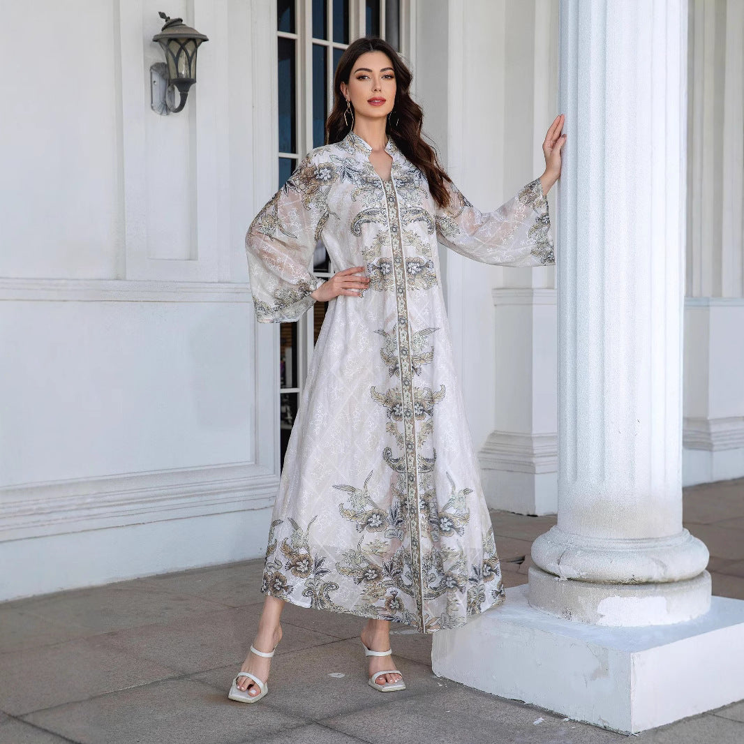 Light Grey Mandarin Collar Abaya - Printed Rhinestone Modest Robe