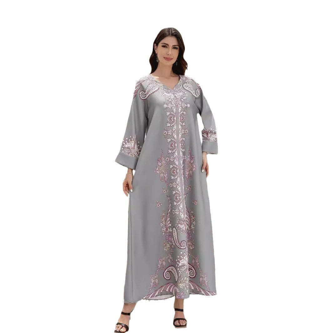 Silver Rhinestone V-Neck Printed Abaya Dress - Turn-Back Sleeve Modest Maxi