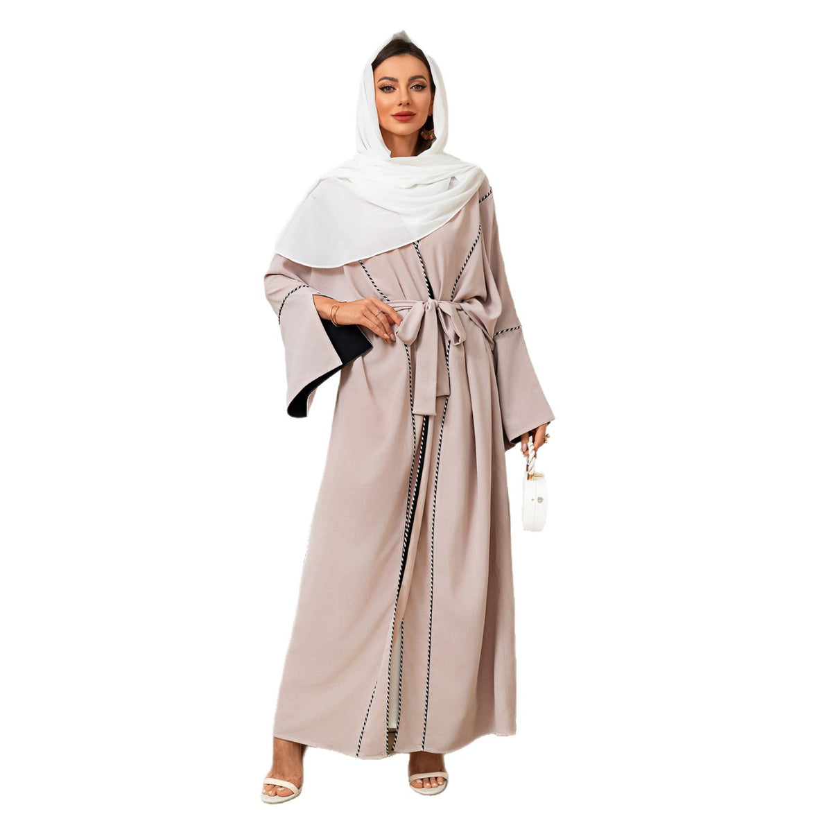 Apricot Open Front Slit Sleeve Cardigan Long Robe with Belt One Size Modest Maxi Dress Muslim Abaya