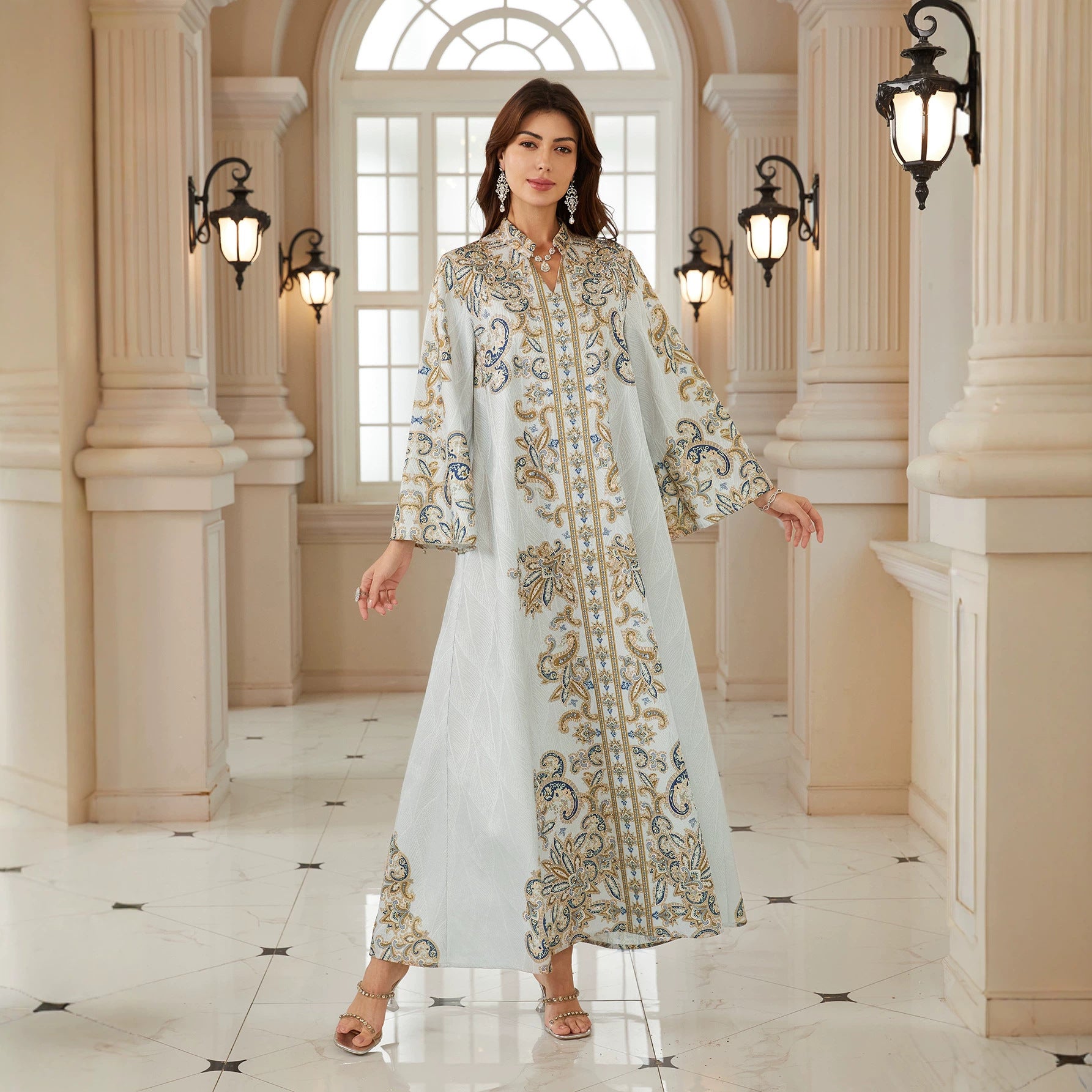 Elegant Paisley Print Stand Collar Abaya Dress Loose Flare Long Sleeve Muslim Women Maxi Kaftan Robe For Party Daily Wear