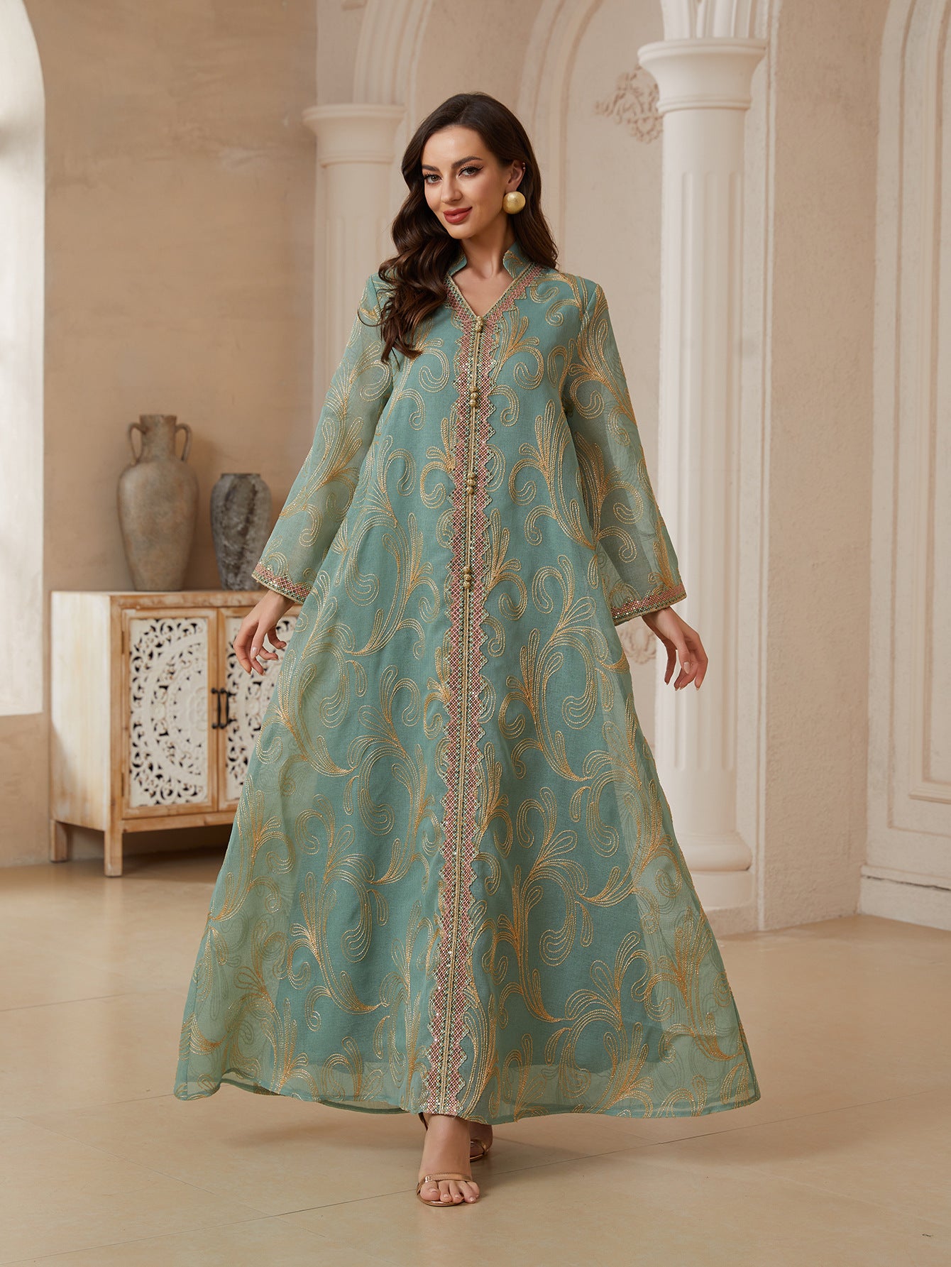 Elegant Embroidered Long-Sleeve Women's Abaya Gown
