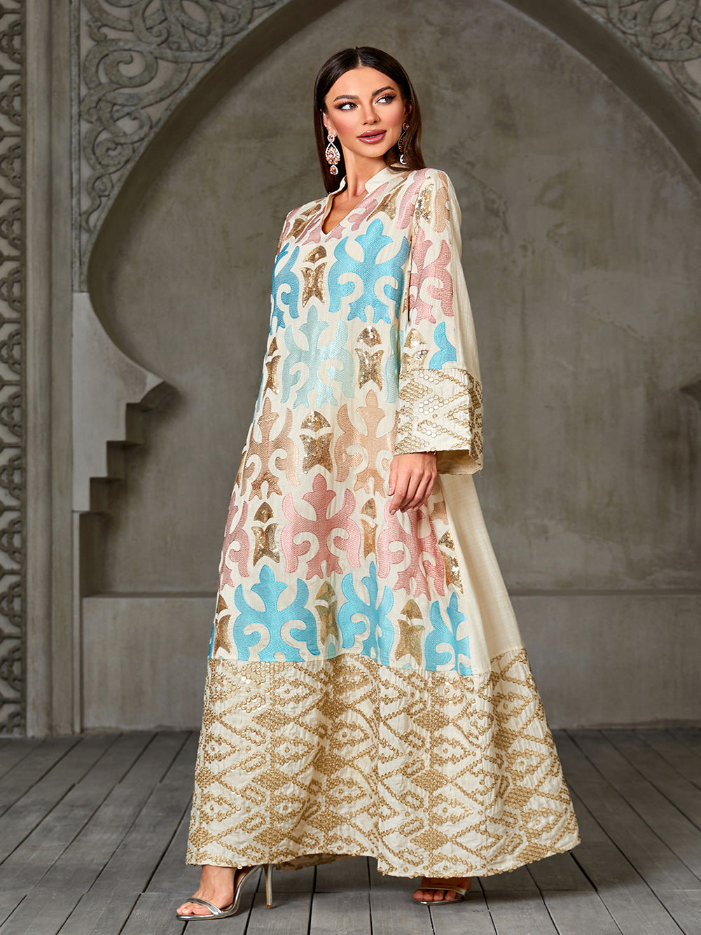 Apricot Sequin Embroidered Patchwork Beaded Long Jalabiya Modest Maxi Dress for Muslim Women Eid Ramadan Robe Gown with Lace Trim