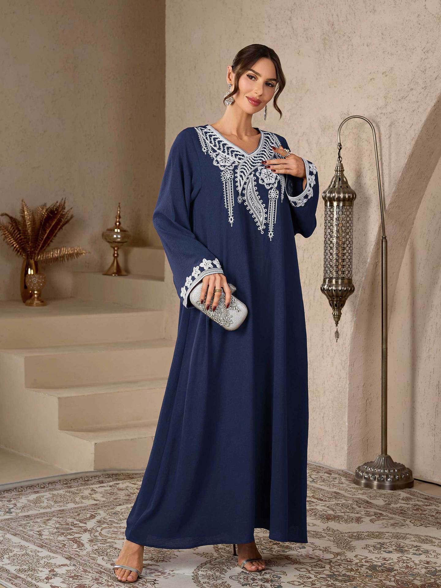 V-Neck Embroidered Kimono Abaya Maxi Dress Muslim Women Modest Long Jalabiya Kaftan Gown for Eid Ramadan Daily