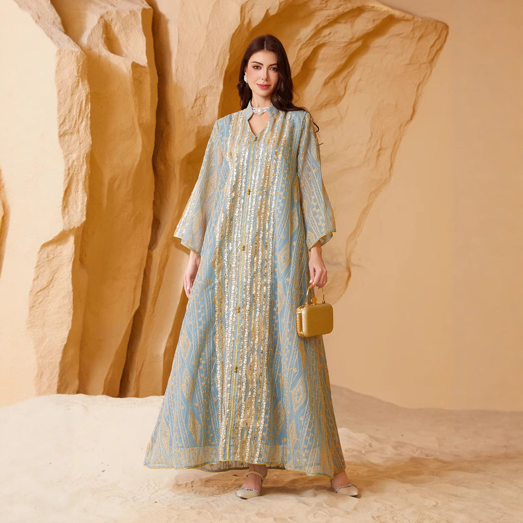 Gold Silver Geometric Line Print Organza Abaya For Women Notch Collar Three Quarter Sleeve Dubai Luxury Loose Muslim Kaftan Modest Maxi Dress For Eid Ramadan Wedding Evening Party 2 Colors