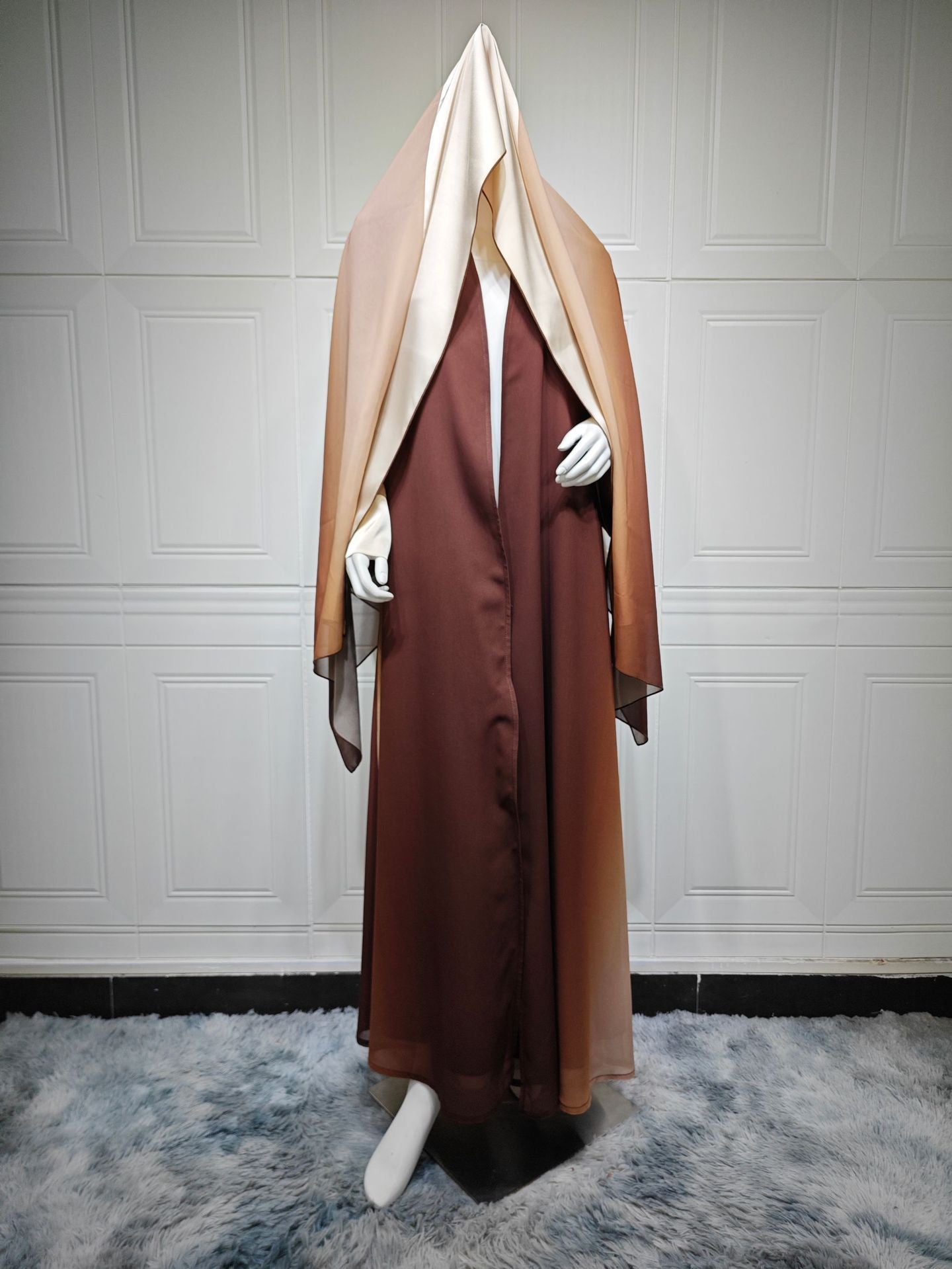 Blue and Brown Floral Print Chiffon Gradient Maxi Dress with Hijab Two-Piece Set
