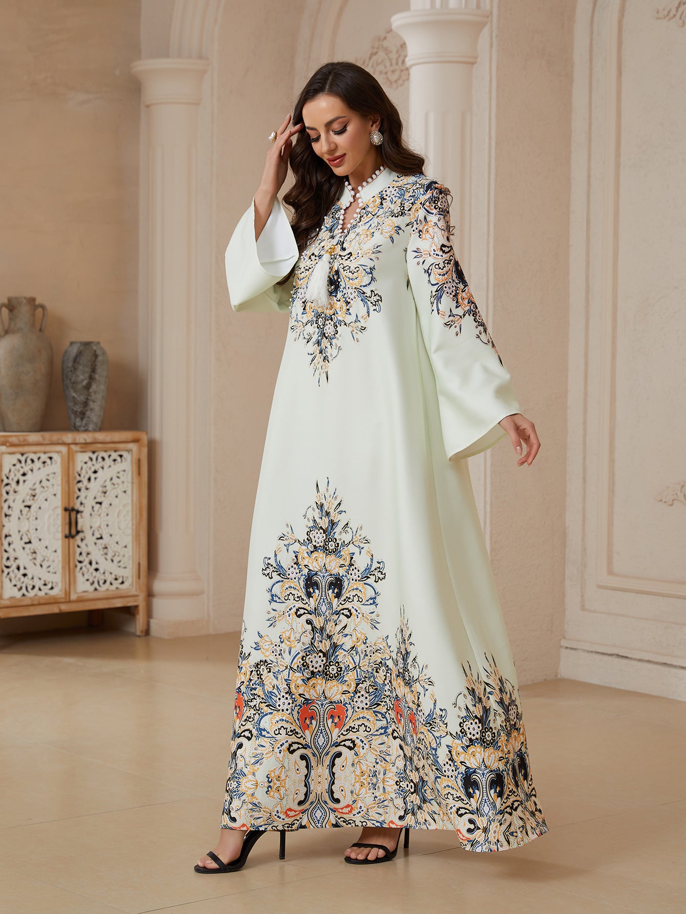 Modest Light Yellow Tassel A-Line Kaftan Maxi Abaya Eid Ramadan