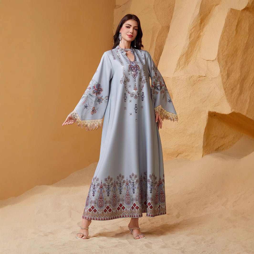 Refined Silver Grey V-Neck Tassel Evening Gown Maxi Abaya Ramadan