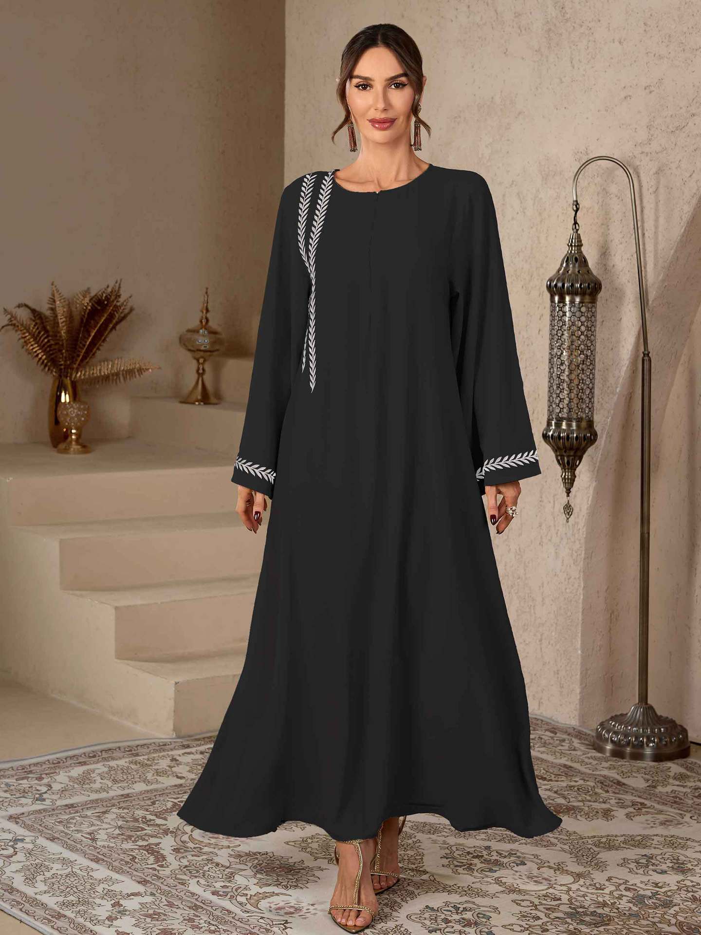 Apricot and Black Embroidered Open Cardigan Maxi Abaya Dress Jalabiya Modest Long Dress for Eid Ramadan Festive Celebration S-XXL