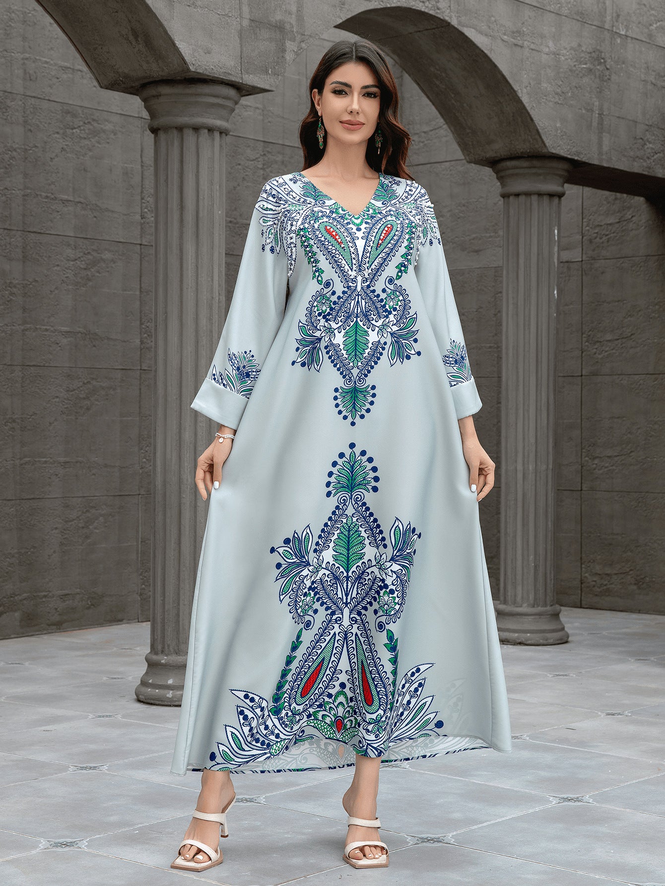 Light Blue Floral Print Rhinestone Embroidered Maxi Abaya Dress