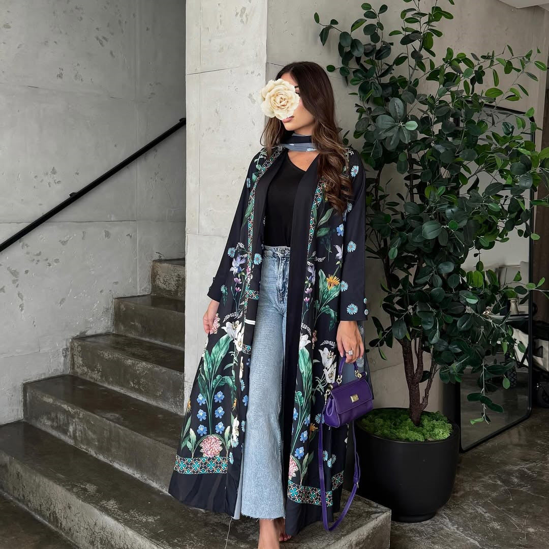 Black Floral Print Open Outerwear Maxi Abaya with Hijab Two-Piece Set