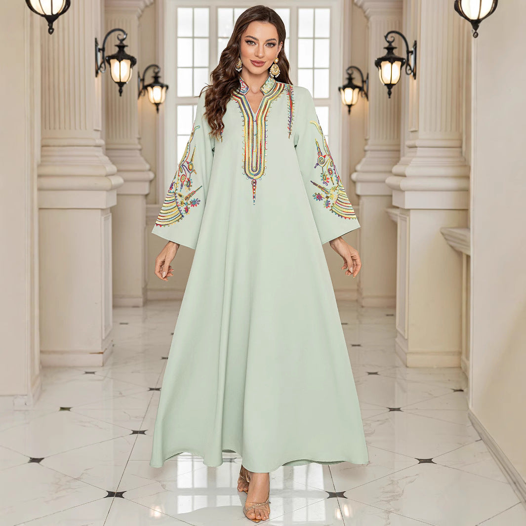 Dubai Islamic Modest Abaya Light Green V Neck Vibrant Multicolor Embroidery Wide Bell Sleeve Oversized Kaftan Gown For Muslim Ladies Holiday Party