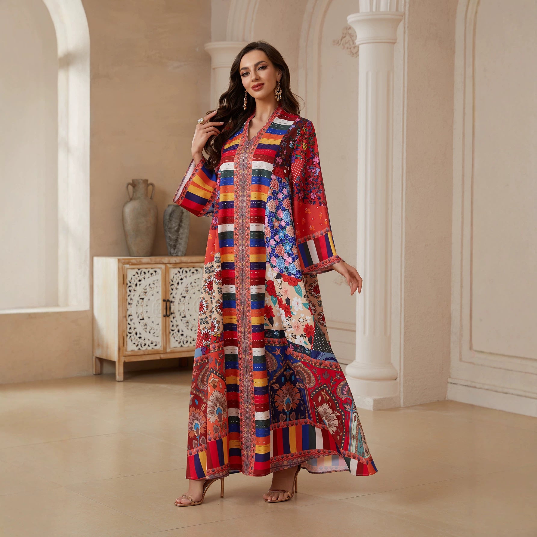Red Printed Rhinestone Jalabiya - Ethnic Pullover Modest Dress