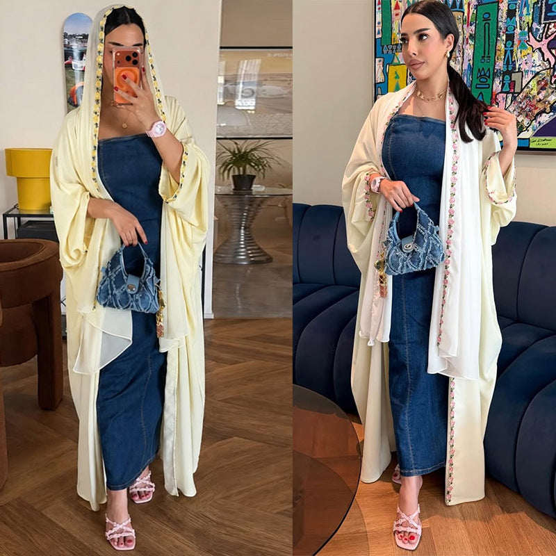 White and Yellow Floral Print Maxi Dress with Hijab Two-Piece Set