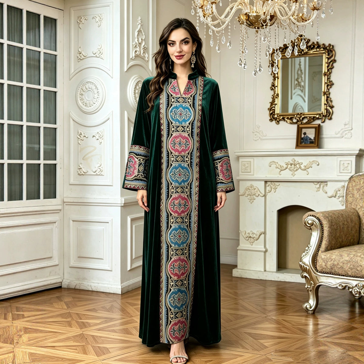 Wine Red Dark Green Black Velvet Embroidered Stand Collar Long Sleeve Gown Maxi Dress Modest Muslim Banquet
