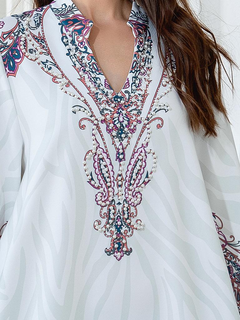 White Floral Print Mandarin Collar Rhinestone Plus Size Maxi Abaya