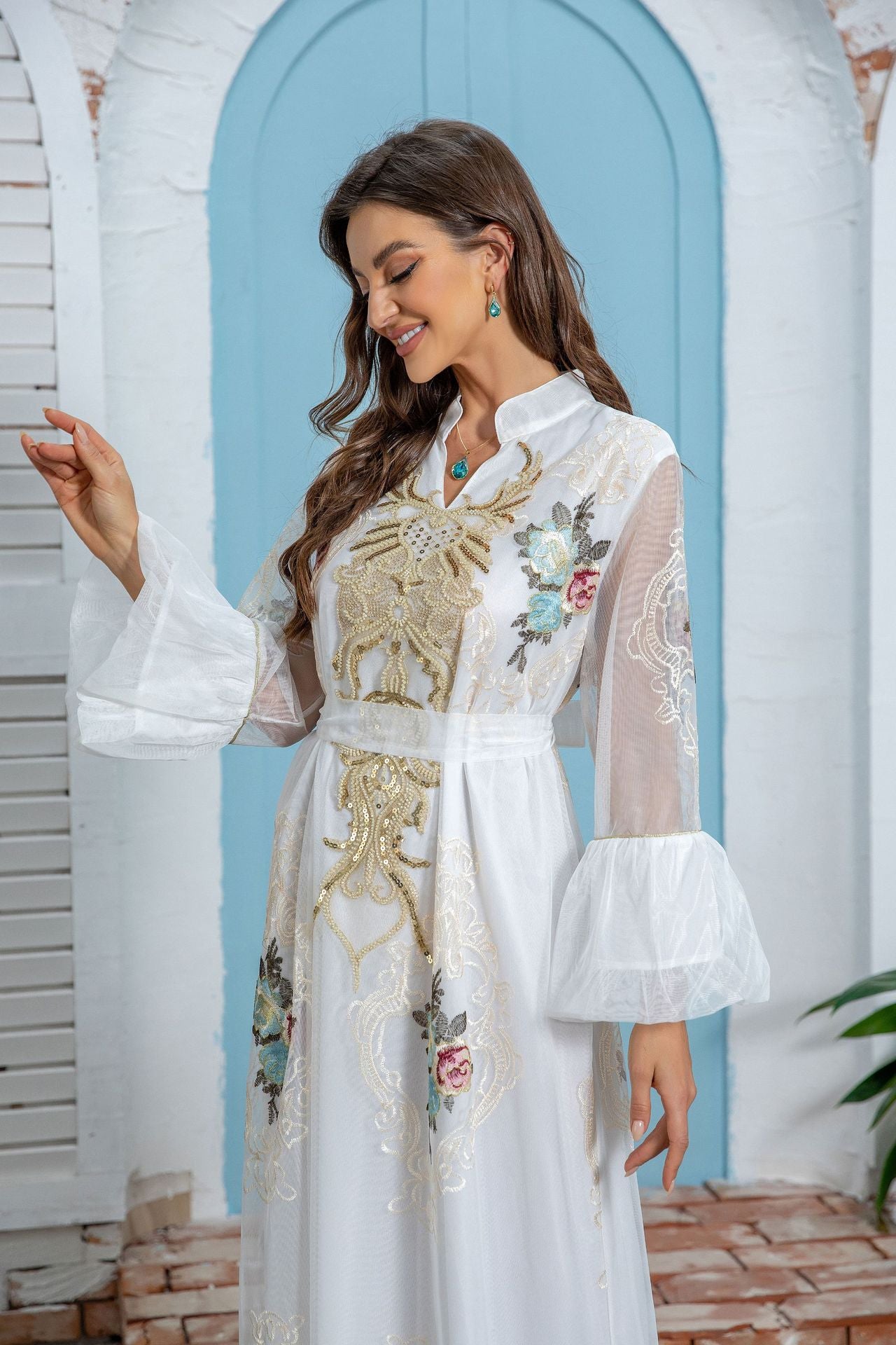 Ramadan Formal Embellished Abaya Champagne Gold Sparkly Rhinestone Stitch Round Neck Wide Flowy Sleeves