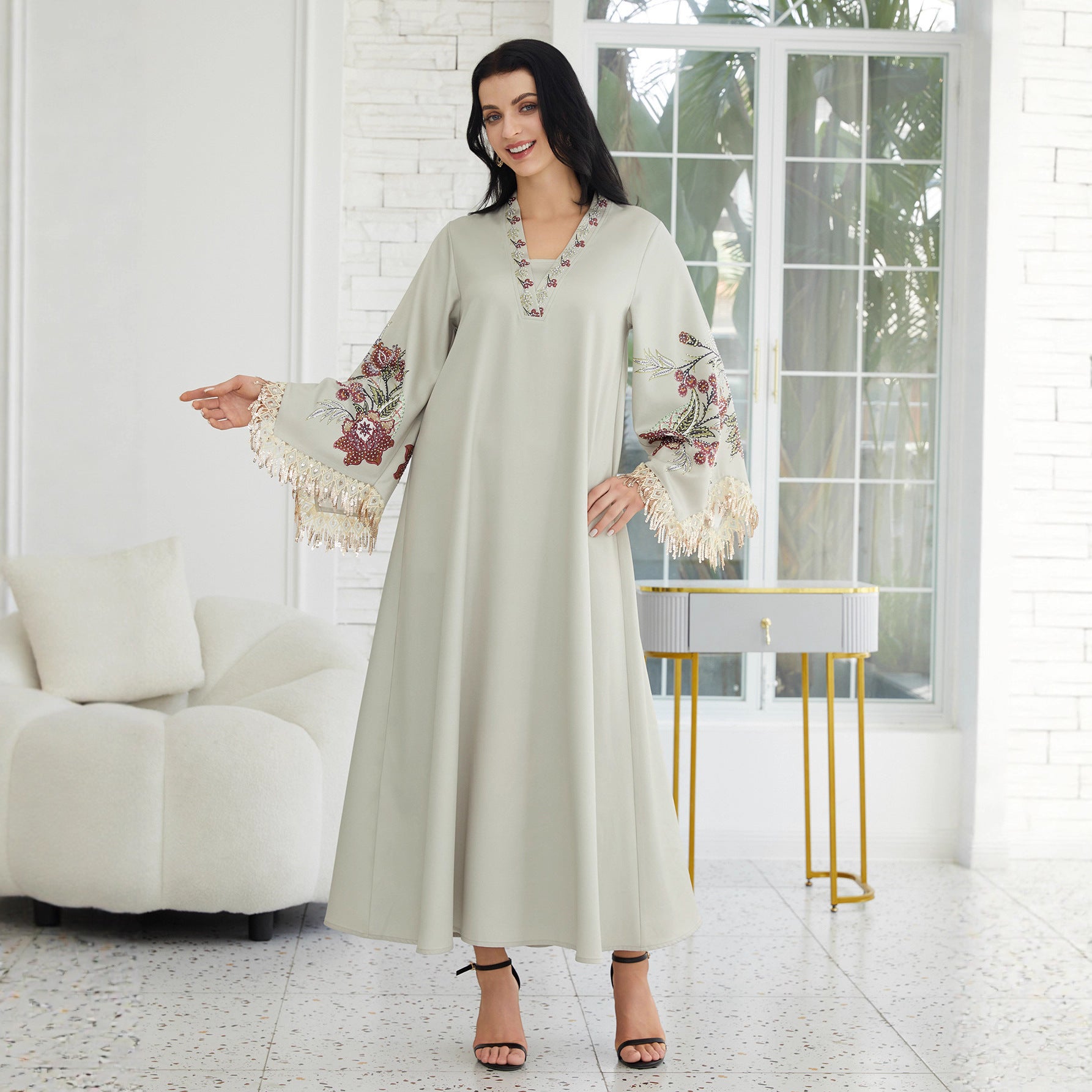 Pastel Light Green Matte Crepe Long Kaftan Robe For Ladies V-Neck Oversized Flare Cuff With Shiny Gold Fringe Sleeve Floral Embroidery Full Length Formal Modest Outfit